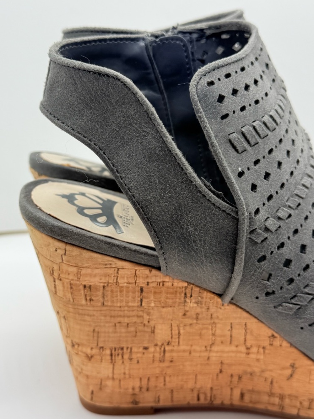 Fergalicious Gray Perforated Suede Cork Wedge Sandals - Picture 12 of 12